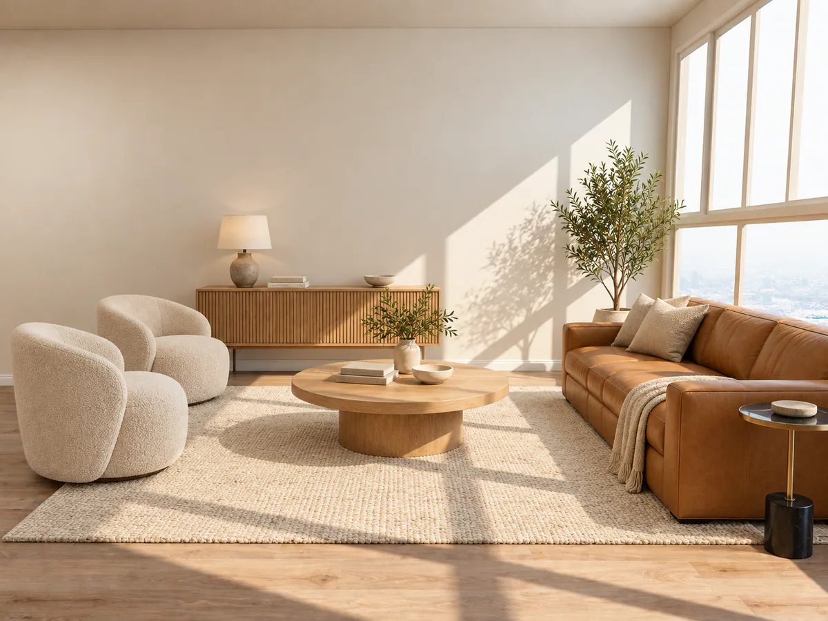 After: the same room staged with a tan leather sofa, two cream armchairs, a round wood coffee table, a wool rug and an olive tree